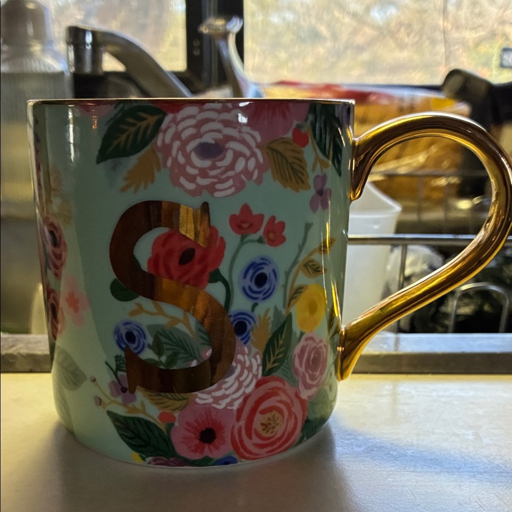 NWOT Rifle Paper Co. for Anthropologie Floral “S” Initial Mug w/Gold Handle